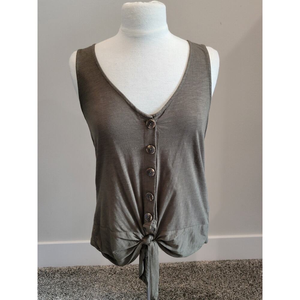 Sancturary Olive Green Button Front Tank Top Tie Accent XS (generous)